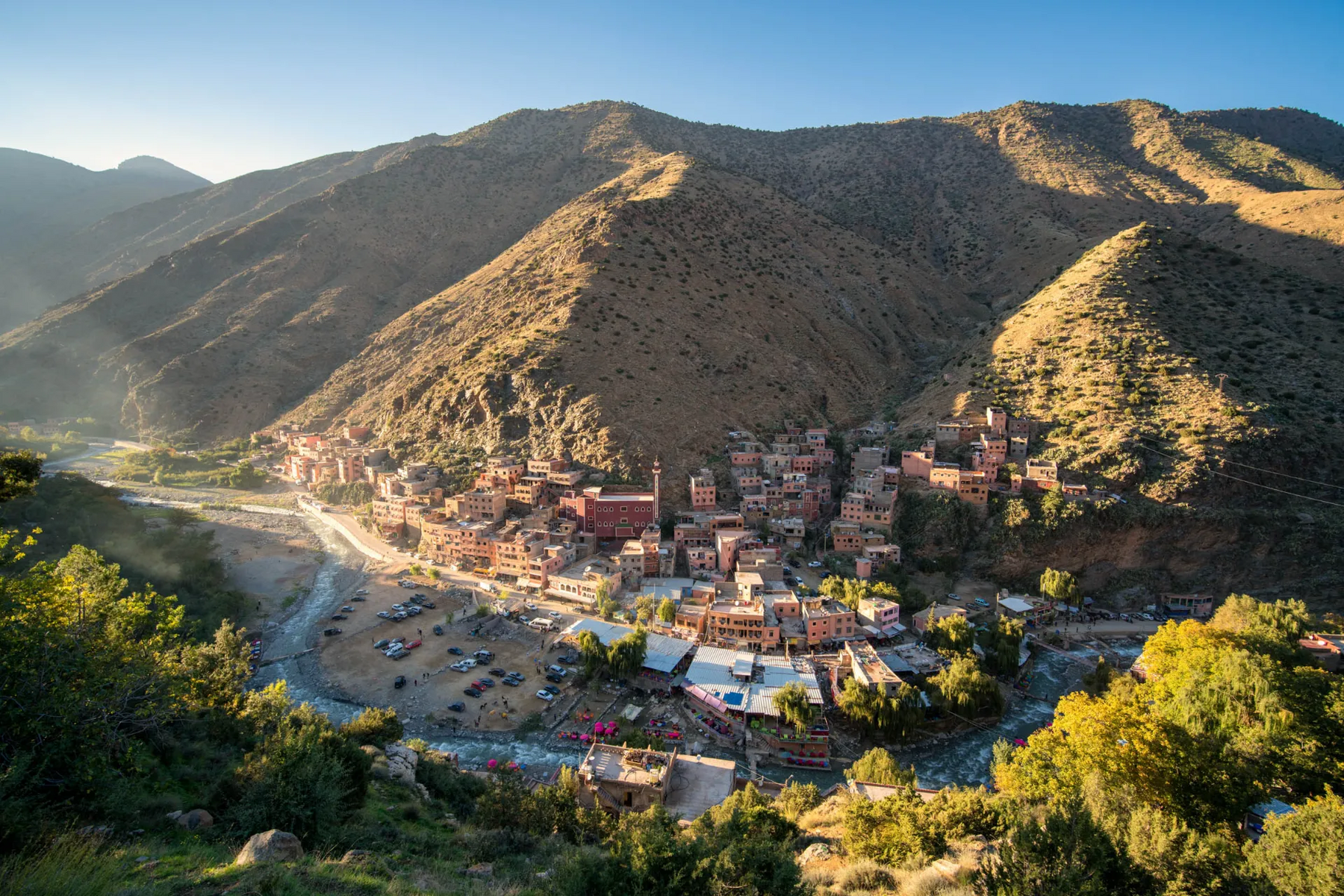 Ourika Valley river and Atlas Mountains in Morocco